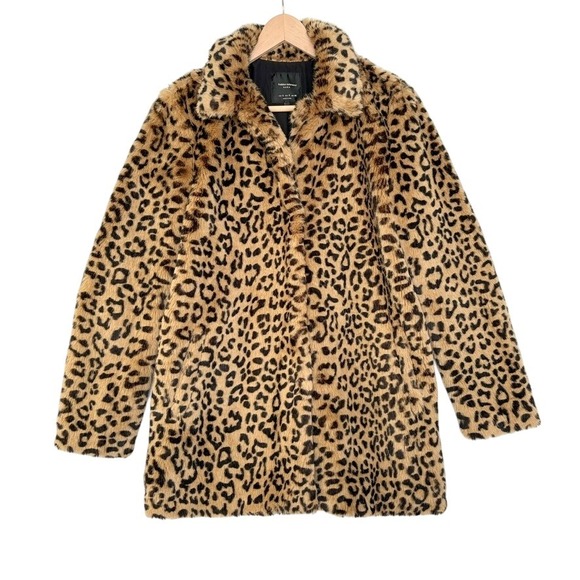 Zara Trafaluc Leopard Print Faux Fur Coat Womens Size S Long Sleeve Collar - Picture 2 of 8
